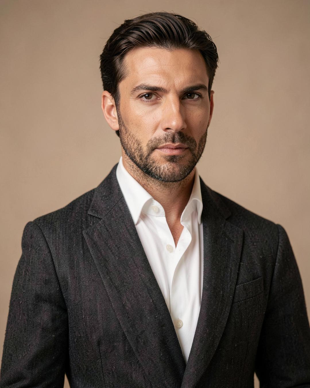 Homem vestindo blazer de alfaiataria grafite e camisa branca